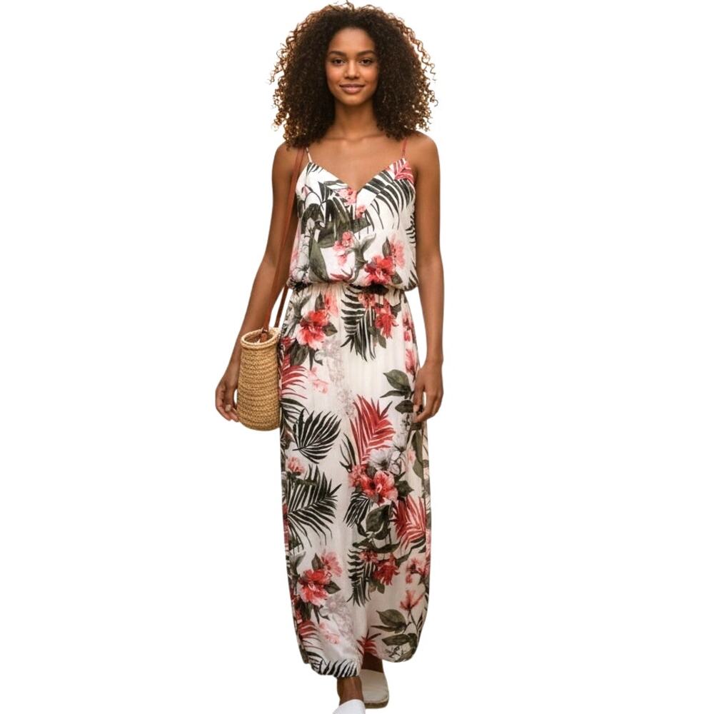 WHBM Tropical Maxi Dress Womens Size 2 White Red Olive Aloha Hawaiian Long